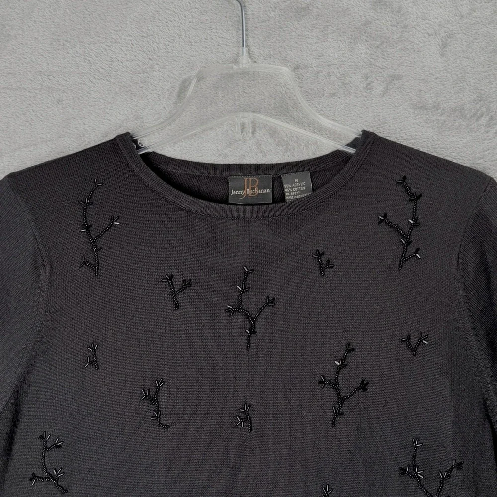 Jenny Buchanan Beaded Sweater Size Medium Black Whimsigoth Short Sleeve Knit Top